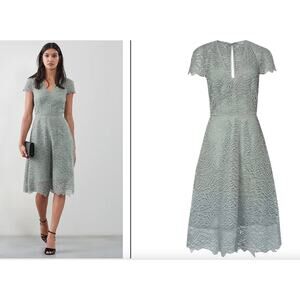 REISS Arielle Green Lace Dress V-Neckline Cap Sleeves Fit & Flare Size 2
